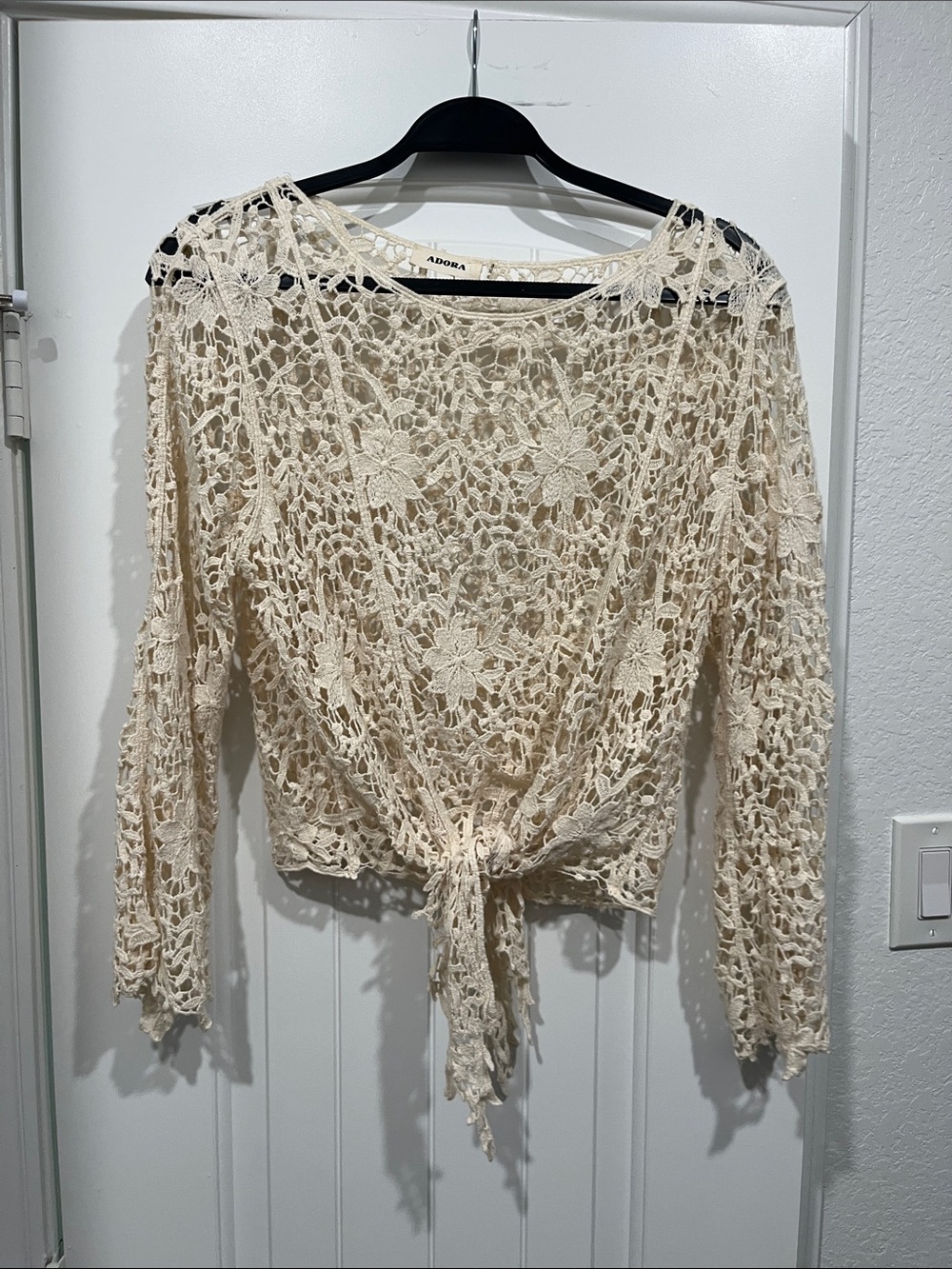 ADORA Cream Crochet Tie-Front Long Sleeve Blouse